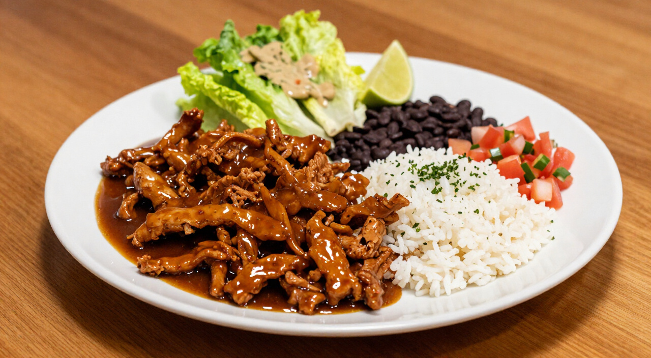 Cafe Rio sweet pork plated with cilantro lime rice, black beans, tomatillo ranch salad and pico de gallo