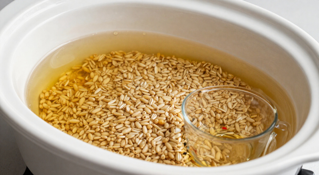 chicken broth poured over raw pearl barley in a slow cooker