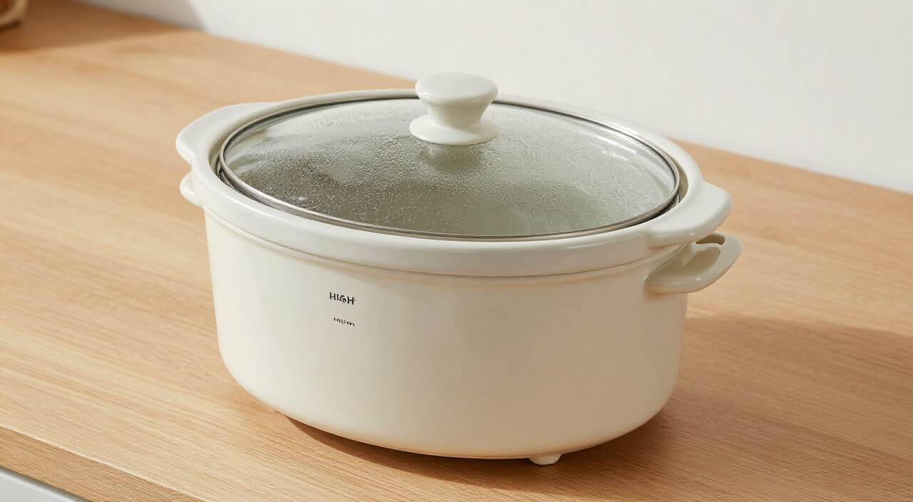 closed slow cooker with a fogged glass lid cooking on the HIGH setting
