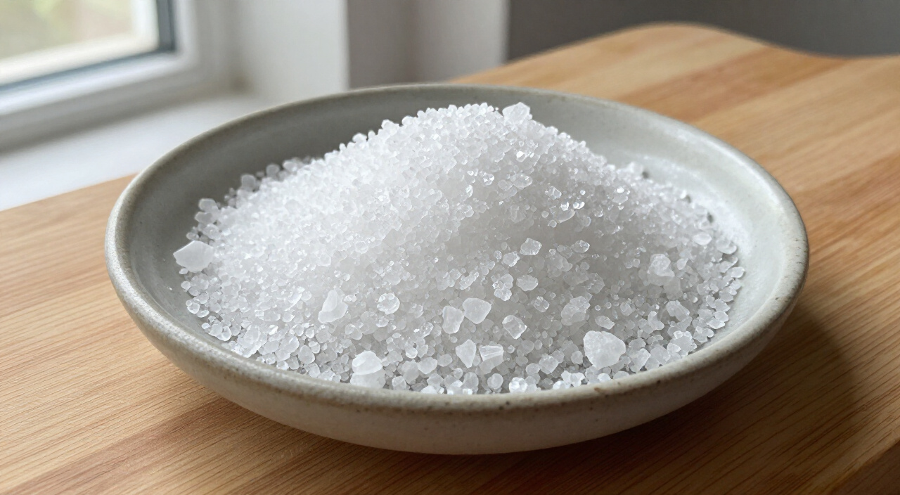 Coarse kosher salt in a small ceramic dish on a wooden cutting board