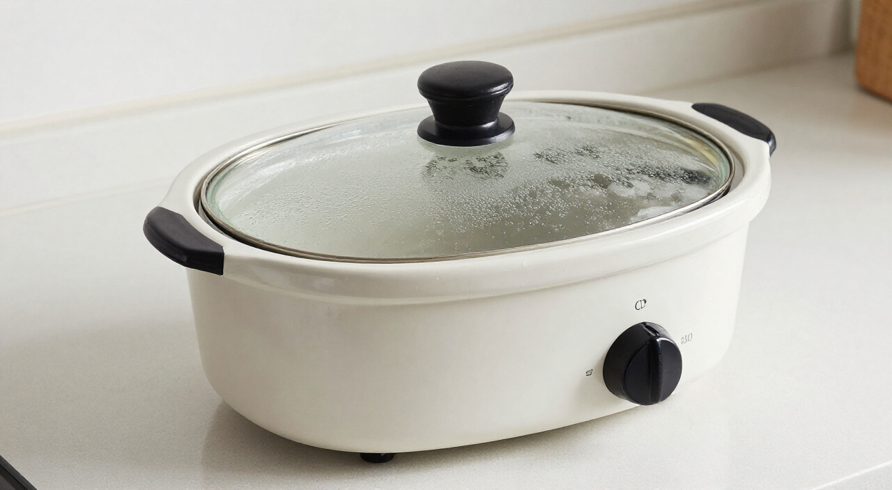 covered slow cooker with a steamy glass lid cooking on high