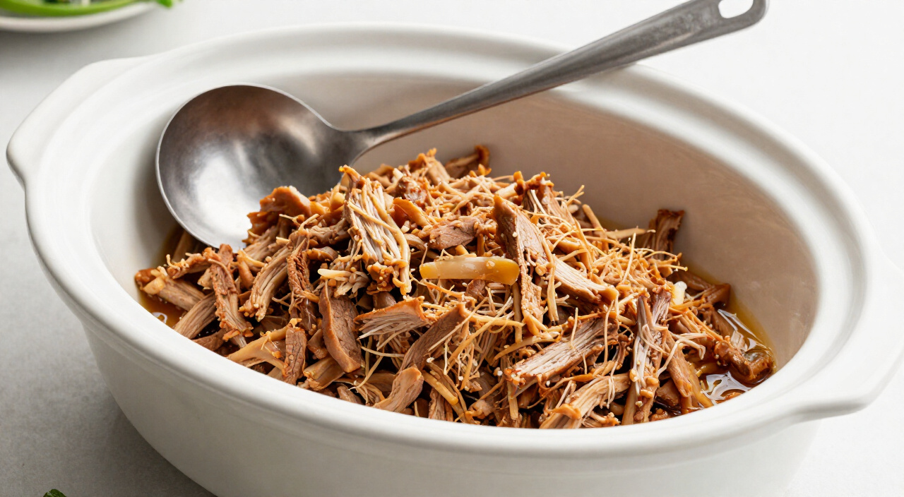 drained shredded pork in a slow cooker with a ladle resting on the rim