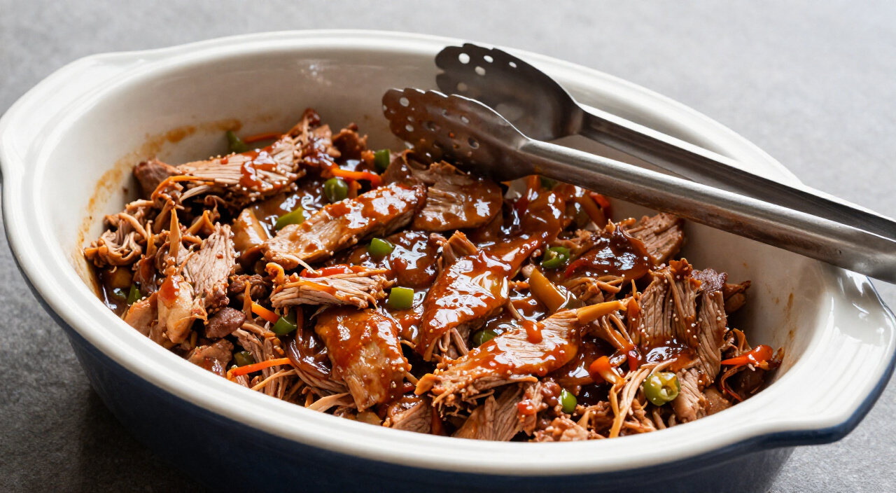 finished Cafe Rio sweet pork barbacoa glazed in sauce in a slow cooker with tongs