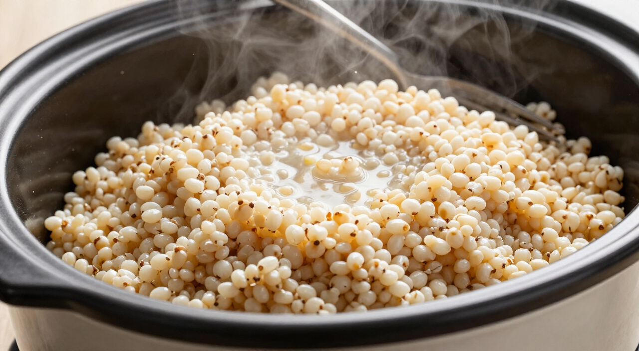 fluffed cooked pearl barley with a fork in a slow cooker