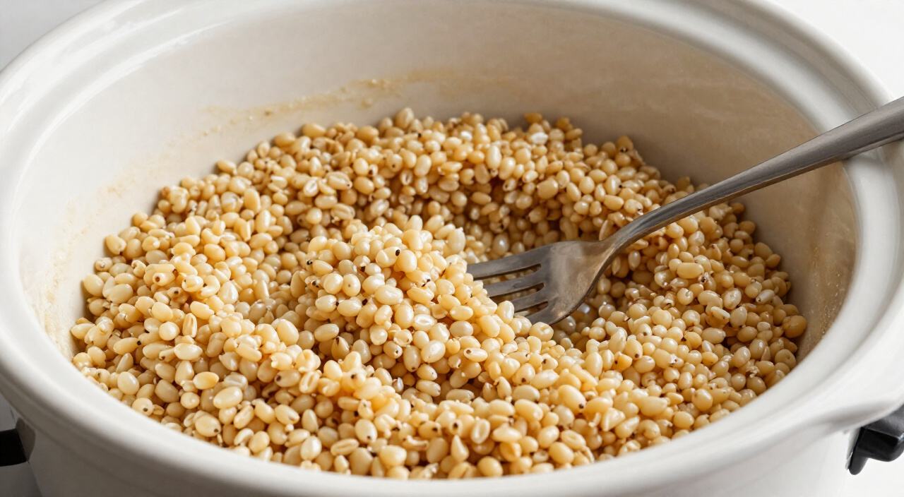 fluffy cooked pearl barley in a slow cooker crock with a fork resting in the grains
