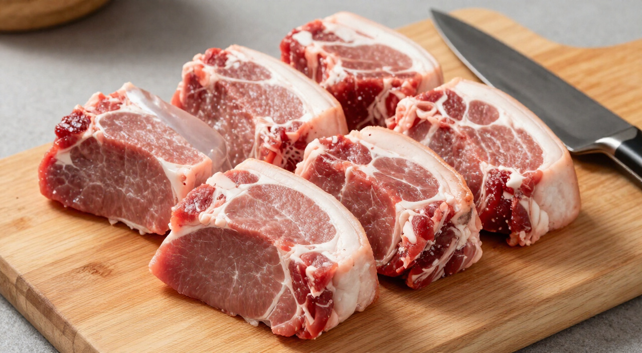 four large trimmed raw pork shoulder chunks on a wooden cutting board with a knife
