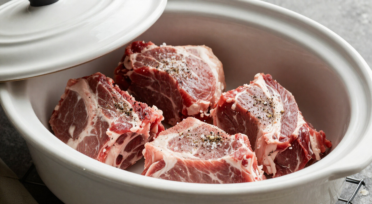 Four seasoned pork shoulder chunks nestled in one layer in an oval slow cooker