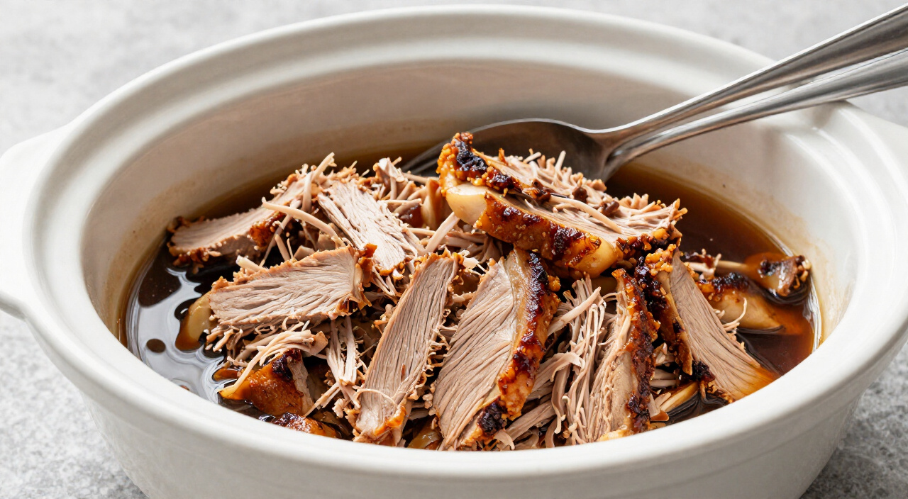 freshly shredded pork in a slow cooker with two forks on the rim