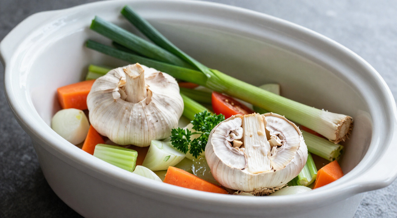 garlic halves and vegetable scraps piled on raw vegetables in a slow cooker