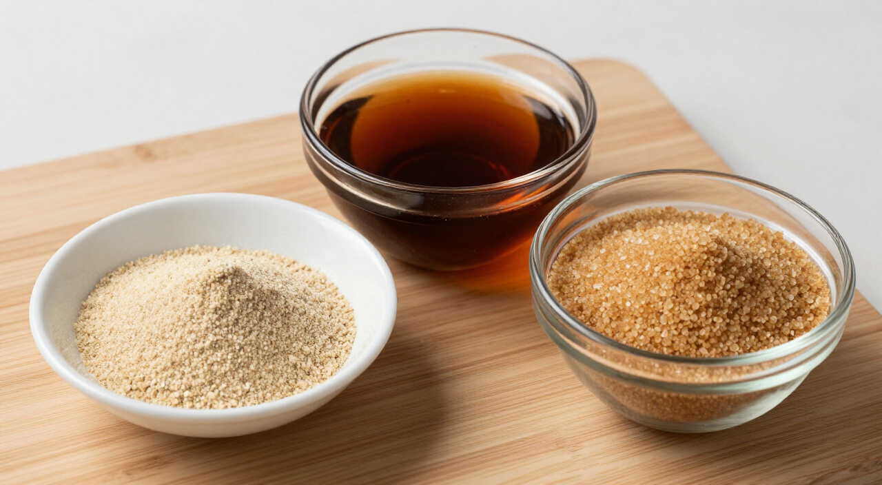 Garlic powder, cola and light brown sugar on a wooden cutting board