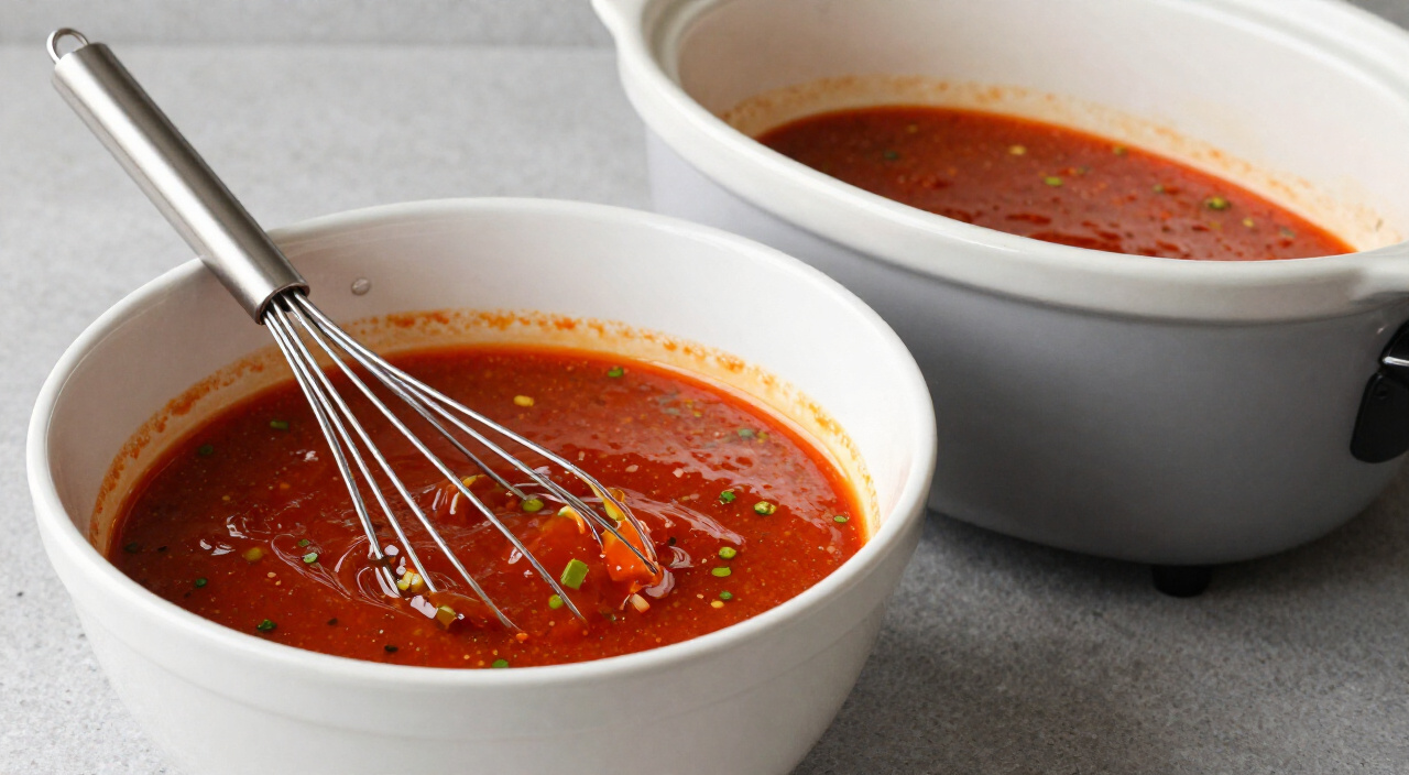 glossy red sweet sauce with diced green chiles in a bowl with a whisk