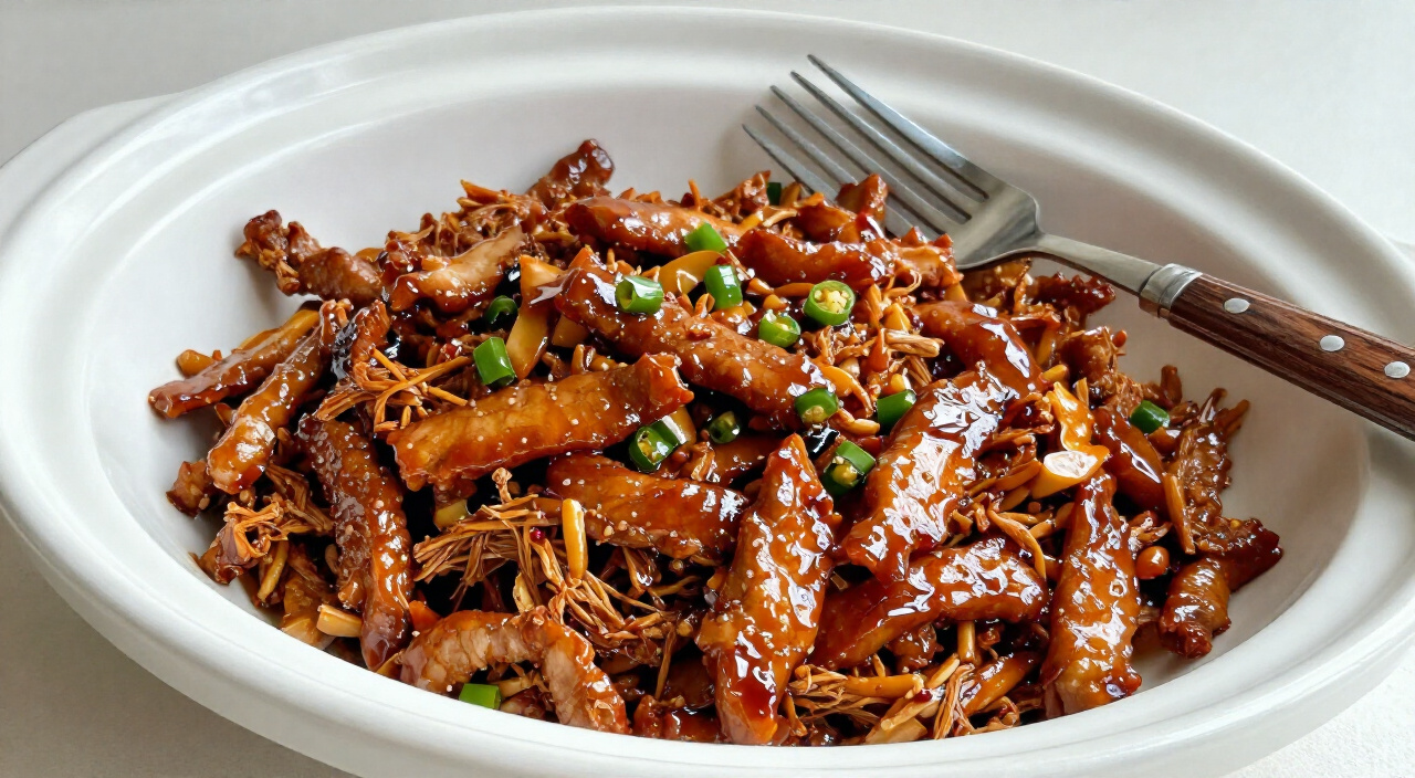 Glossy shredded sweet pork in a slow cooker crock with two forks on the rim