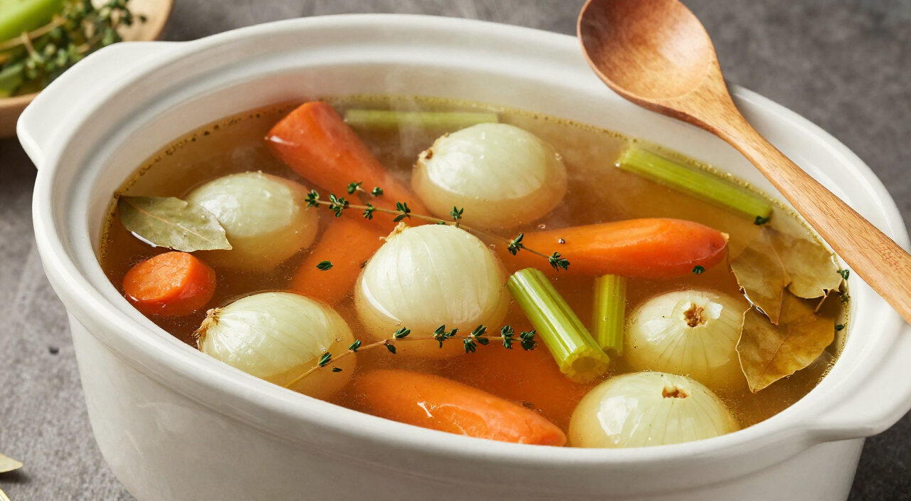 golden-amber vegetable stock with soft vegetables in a slow cooker