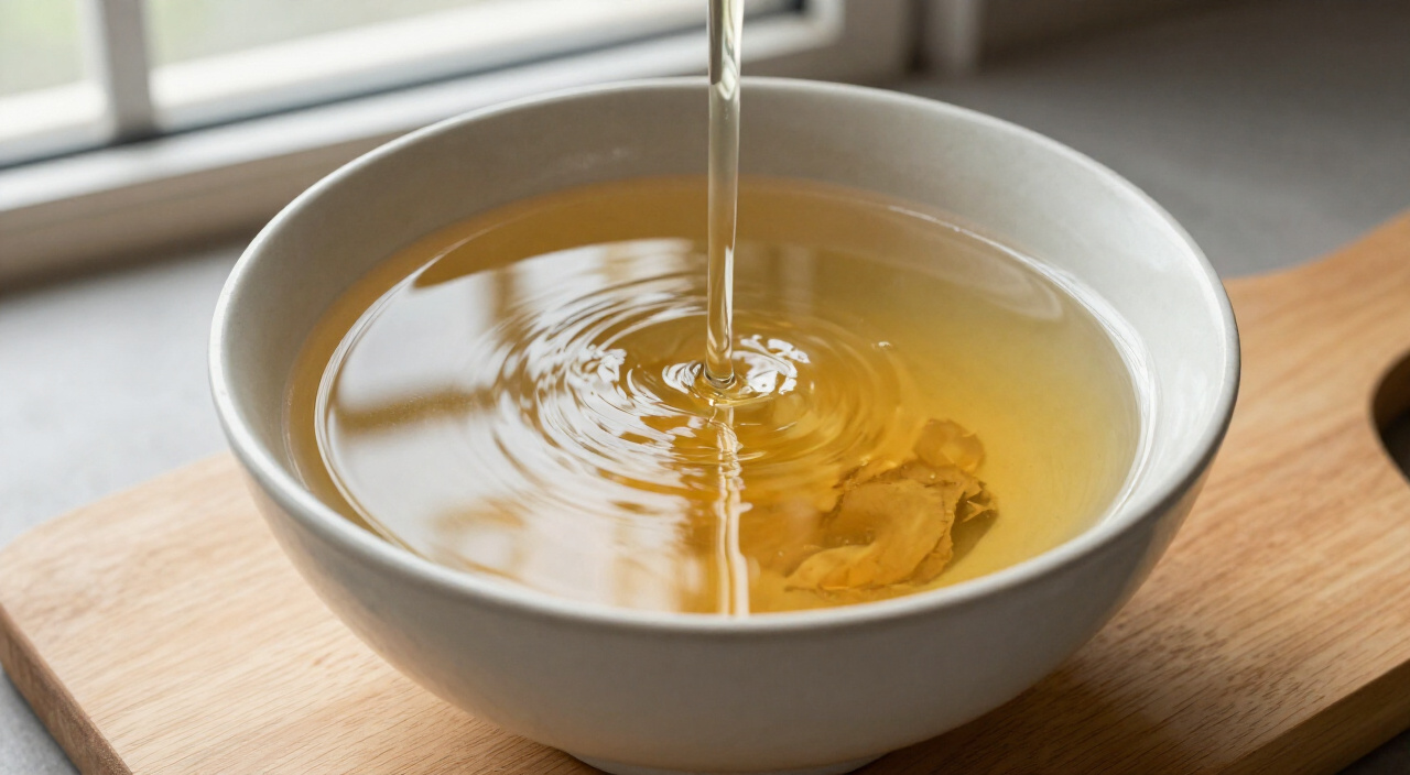 Golden low-sodium chicken broth in a ceramic bowl on a wooden cutting board