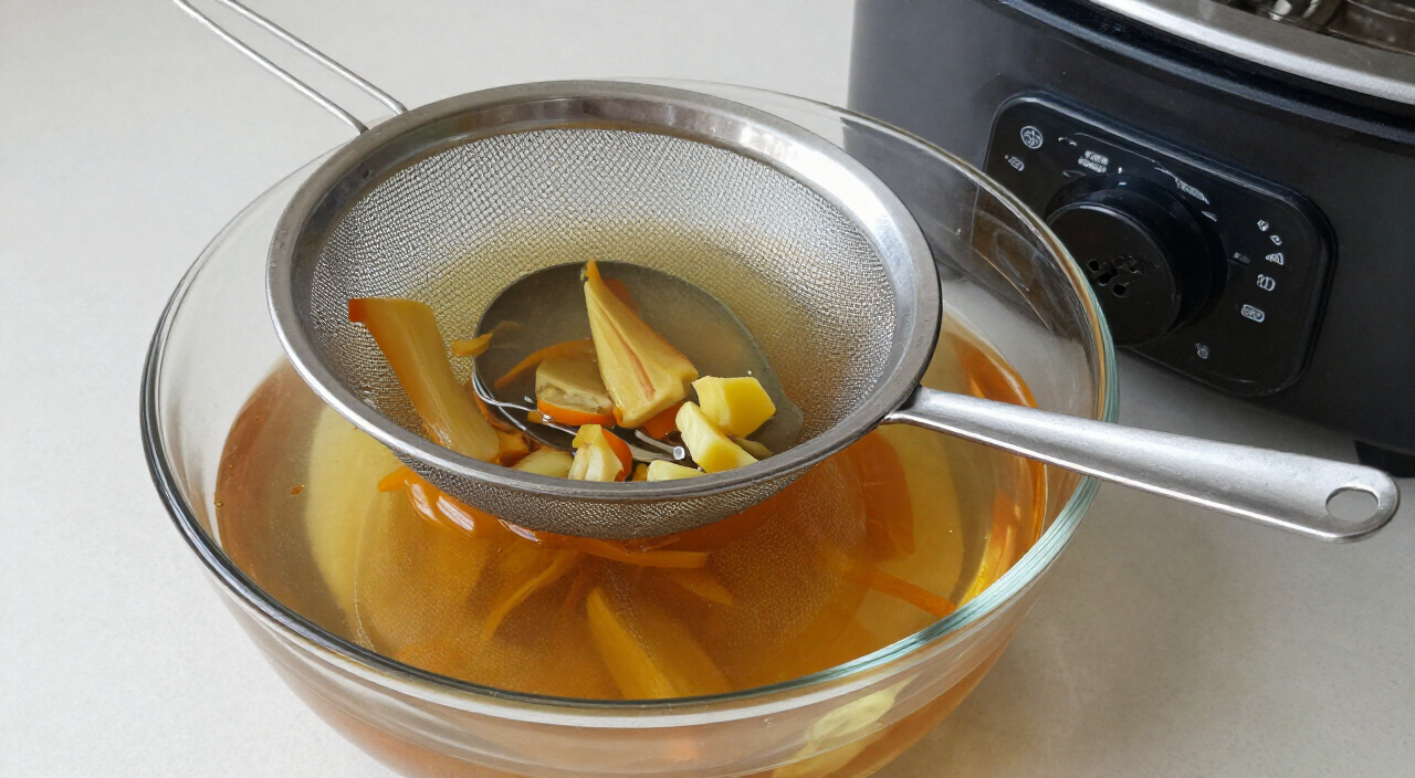 golden vegetable stock strained through a fine-mesh sieve into a large glass bowl beside a slow cooker