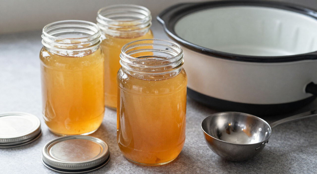 homemade vegetable stock poured into glass jars beside a slow cooker insert