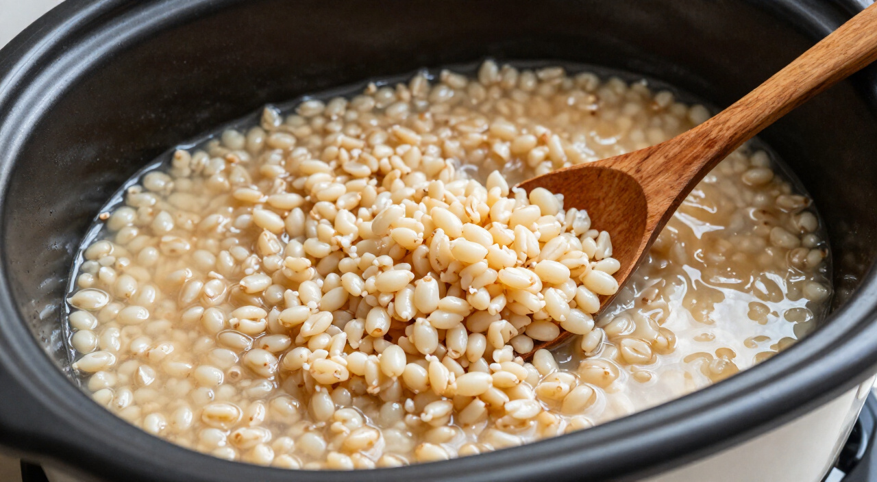 plump tender cooked pearl barley in an open slow cooker