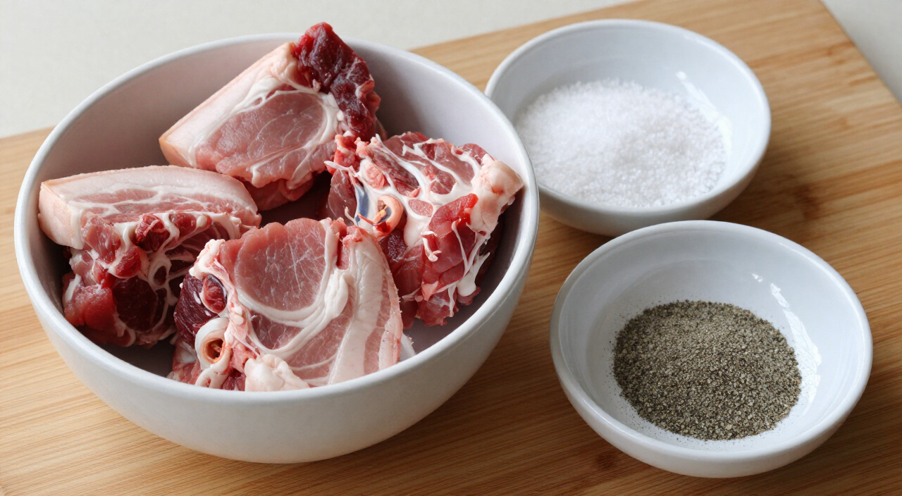 Pork shoulder chunks, kosher salt and black pepper on a wooden cutting board