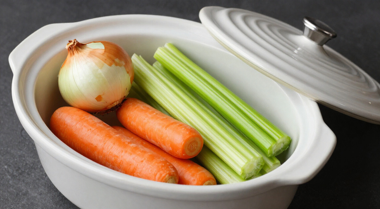 quartered onions, carrot chunks and celery pieces layered in a slow cooker