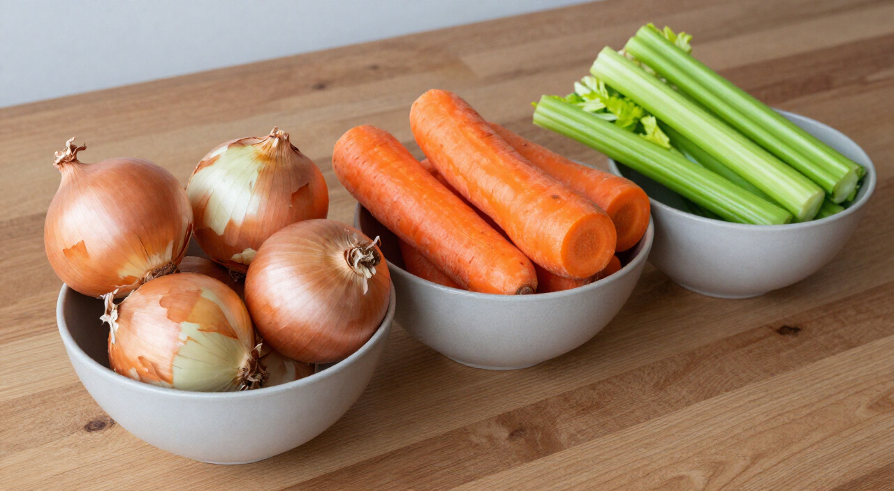 quartered onions, carrot chunks and celery pieces in three bowls for slow cooker vegetable stock