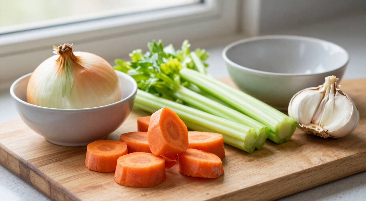 Quartered onions with skins, carrot chunks, celery pieces and a halved garlic head on a wooden cutting board