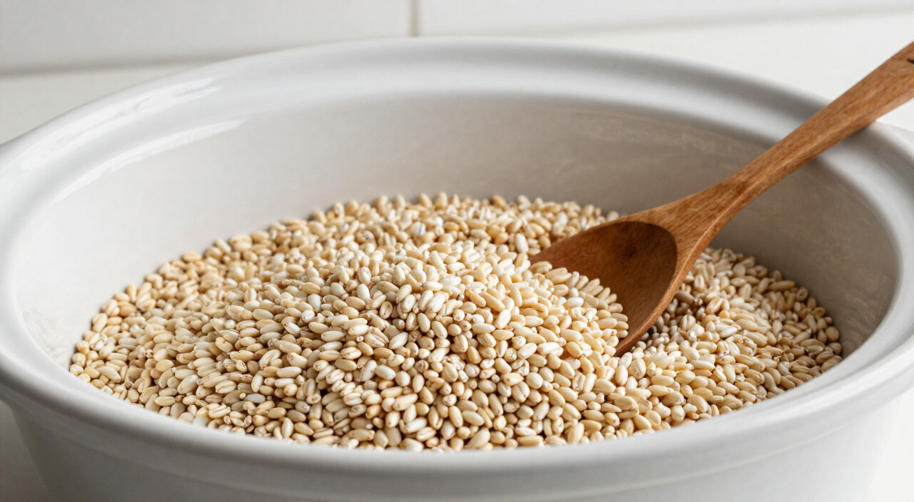 raw pearl barley spread in an even layer in a slow cooker