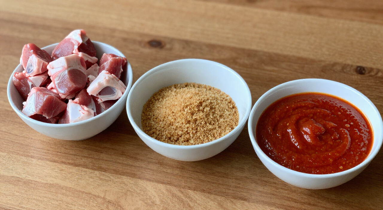 raw pork shoulder chunks, brown sugar and red enchilada sauce in bowls for Cafe Rio sweet pork