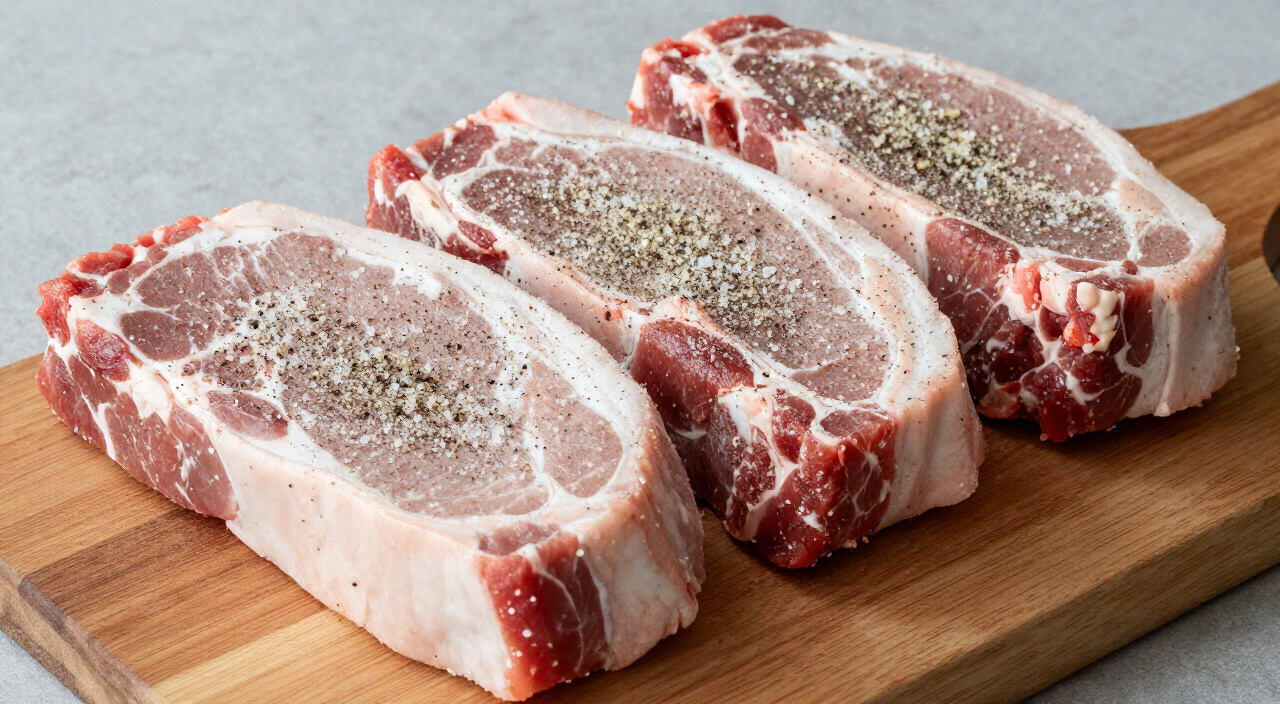 raw pork shoulder chunks rubbed with salt, pepper and garlic powder on a cutting board