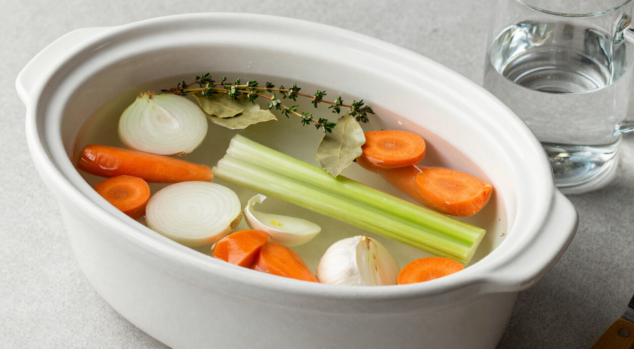raw vegetables covered with cold water in a slow cooker insert