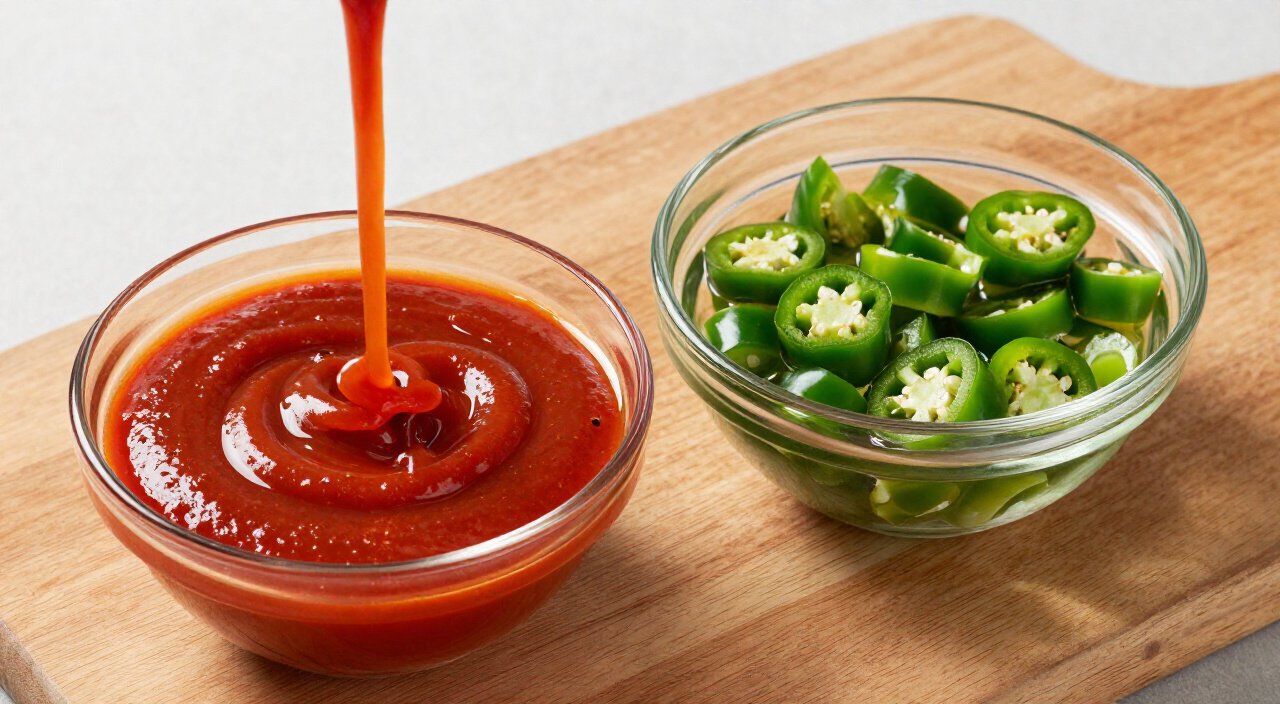 Red enchilada sauce and diced green chiles on a wooden cutting board