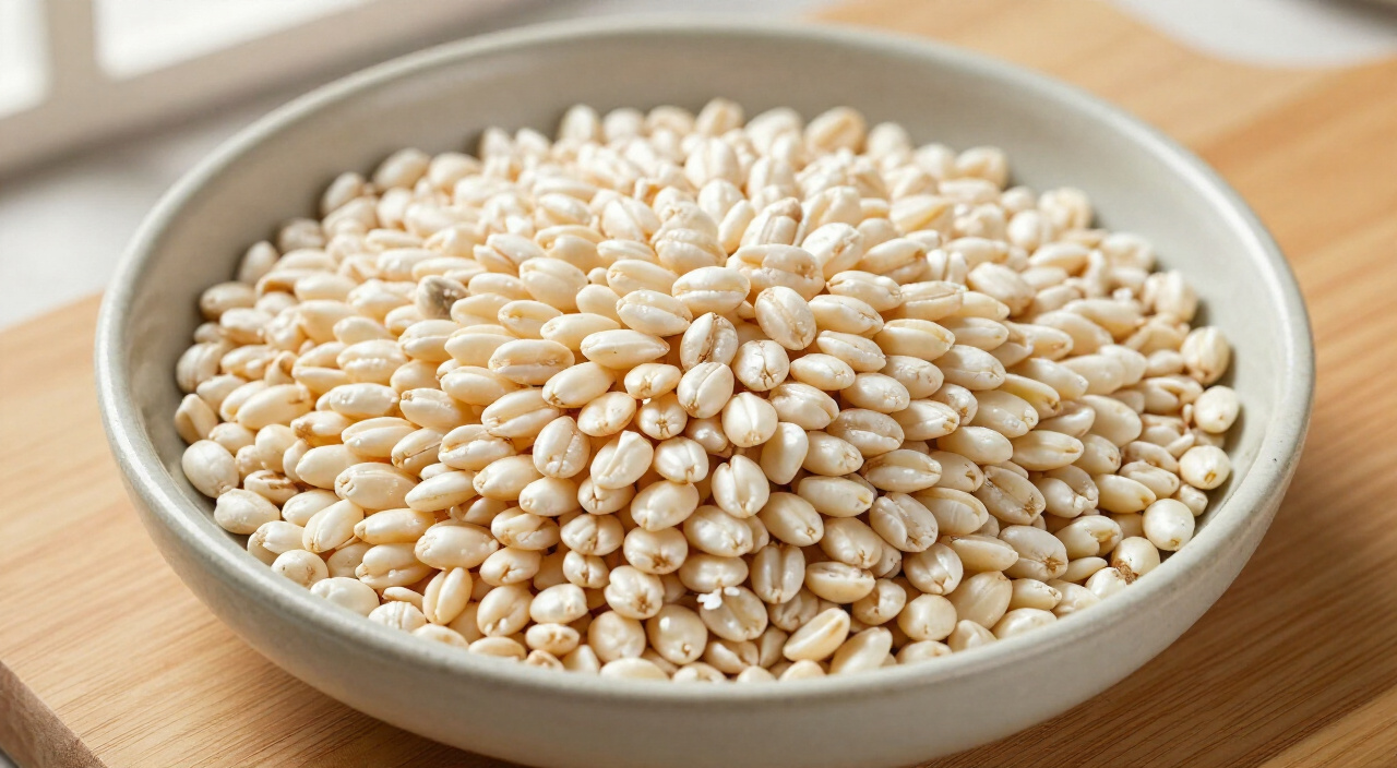 Rinsed pearl barley in a ceramic bowl on a wooden cutting board