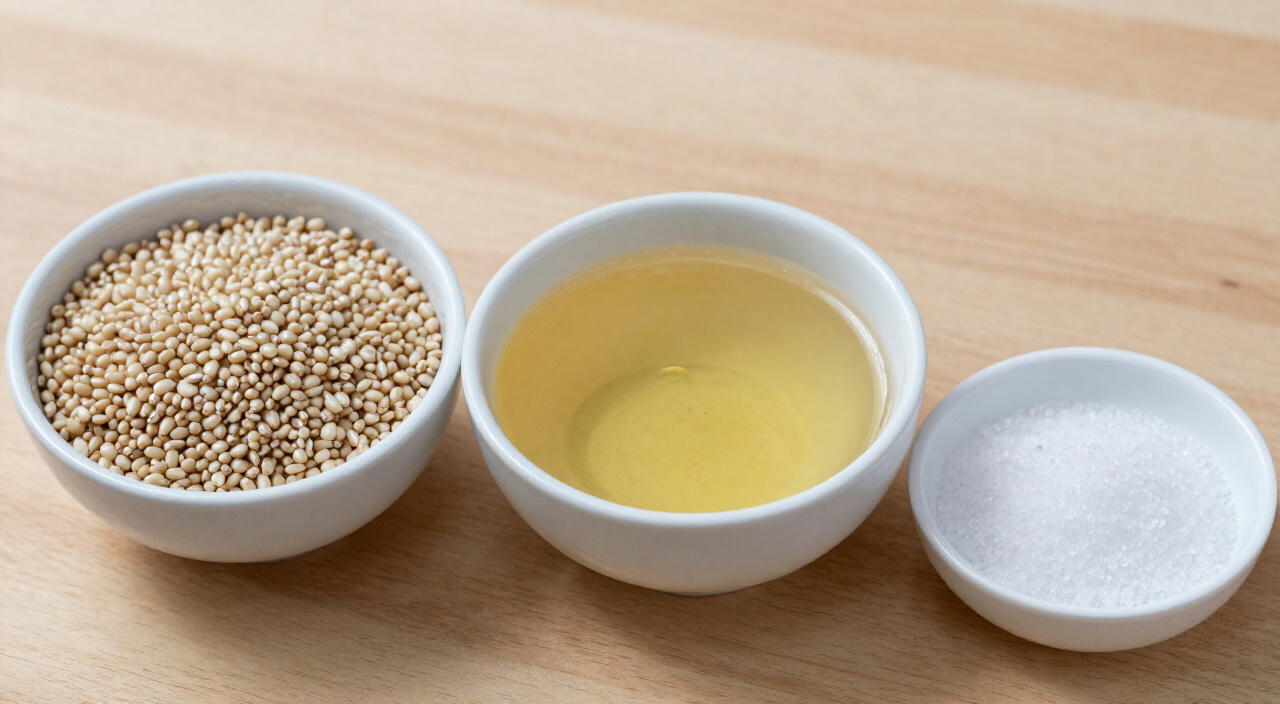 rinsed pearl barley, chicken broth and kosher salt in three white bowls for slow cooker barley