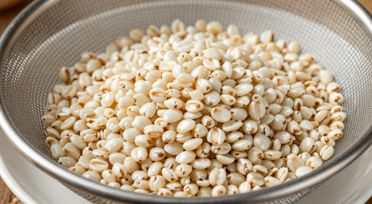 rinsed pearl barley draining in a fine-mesh strainer over a white bowl