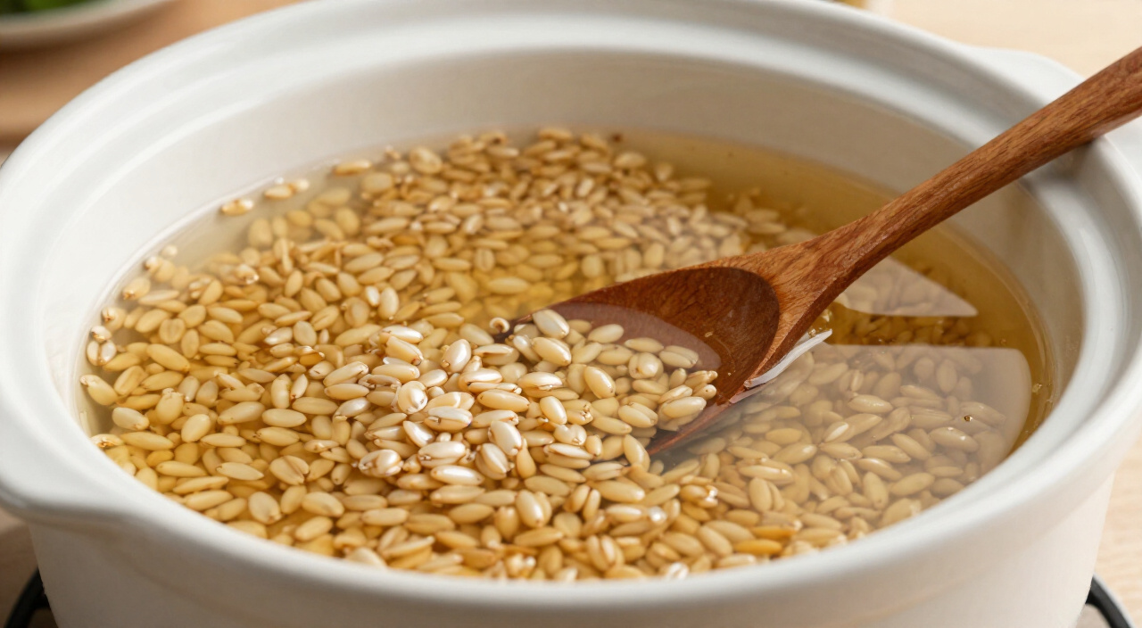 salted broth and pearl barley stirred together in a slow cooker