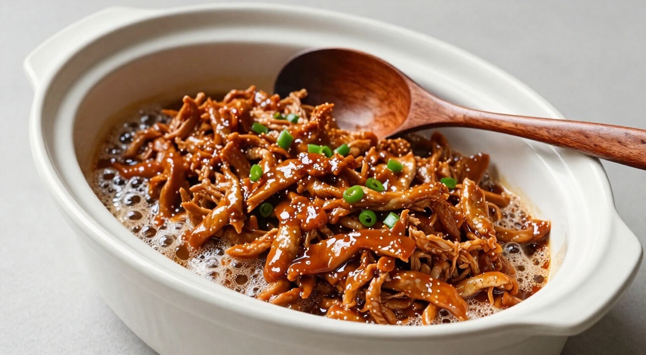 shredded pork bubbling in thick red sweet sauce in an open slow cooker