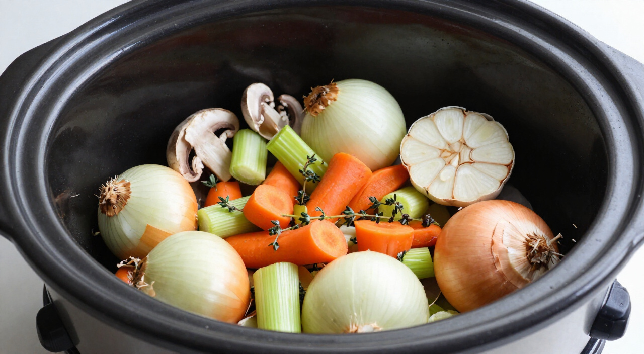 skin-on onion quarters, carrot chunks, celery and garlic layered in an open oval slow cooker