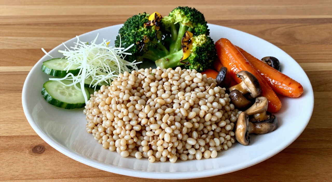 Slow cooker barley plated with roasted broccoli, cucumber dill salad, glazed carrots and sautéed mushrooms
