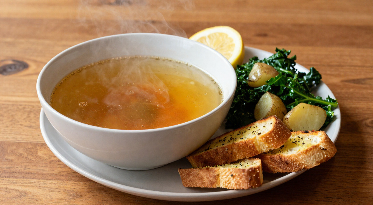 Slow cooker vegetable stock in a bowl with grilled cheese soldiers, garlic toast, kale salad and roast potatoes