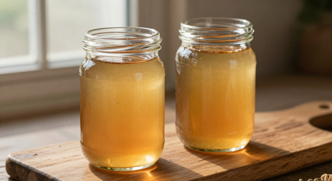 Golden-amber slow cooker vegetable stock in glass jars beside a slow cooker with thyme sprigs and bay leaves