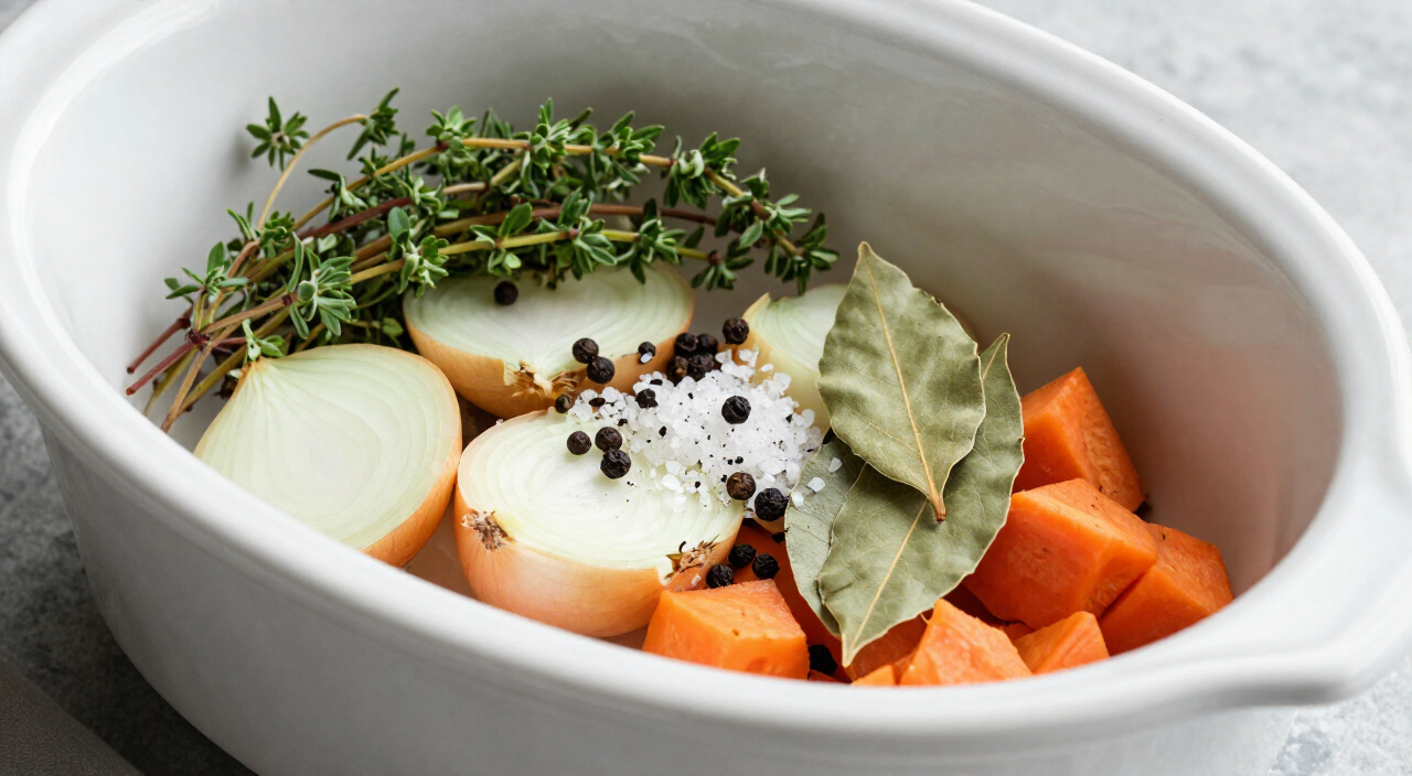 thyme, bay leaves, peppercorns and salt scattered over vegetables in a slow cooker