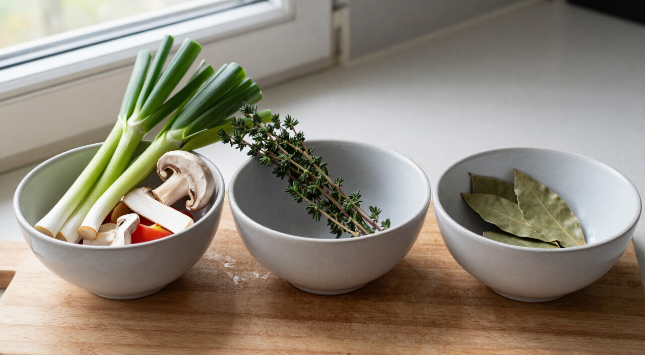 Vegetable scraps, fresh thyme sprigs and dried bay leaves in bowls on a wooden cutting board