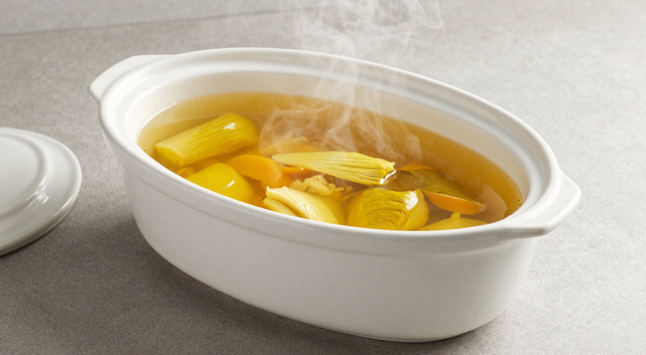 vegetable stock cooling uncovered in a slow cooker