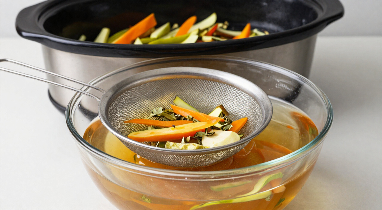 vegetable stock strained through a fine-mesh sieve into a glass bowl