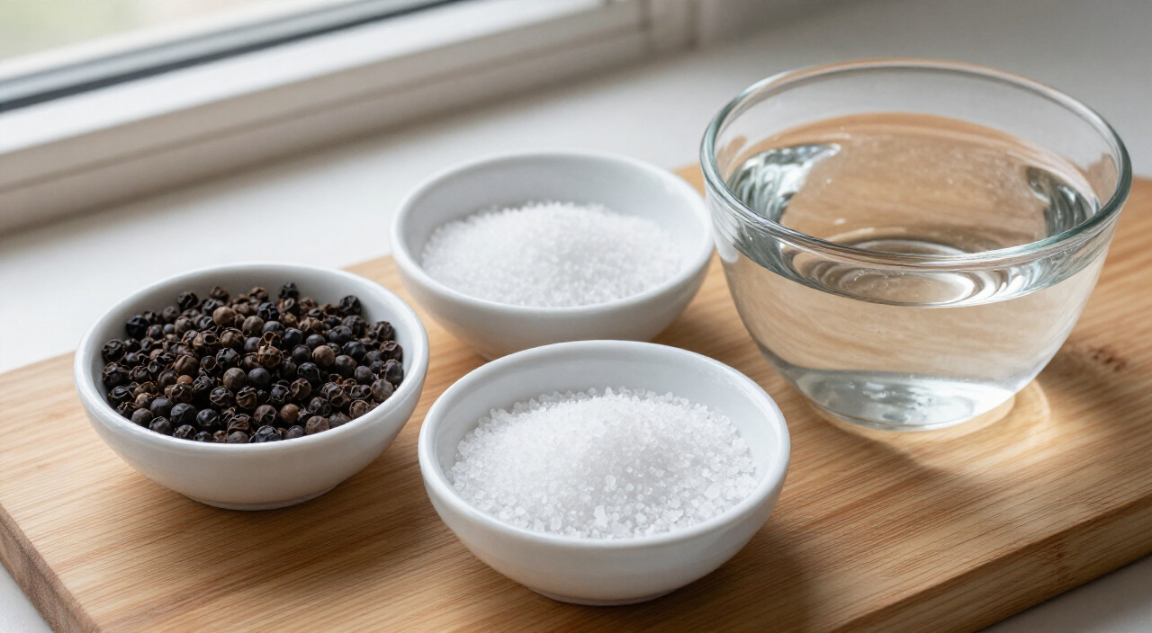 Whole black peppercorns, kosher salt and a glass bowl of cold water on a wooden cutting board